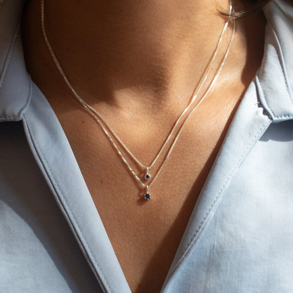 Silver Tiny Milgrain Edge Blue Sapphire Necklace