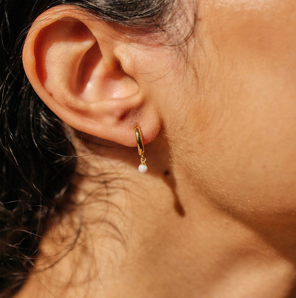 Gold Plated Opal Huggie Drop Hoop Earrings