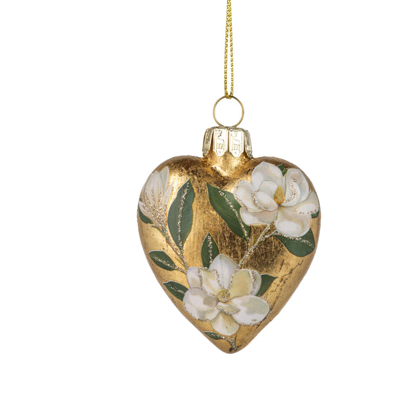 Golden Heart Ornament with Hand-Painted Magnolias