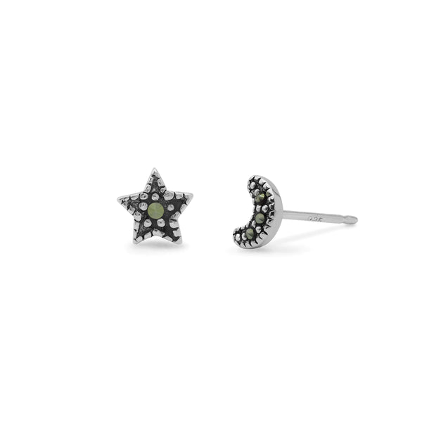 Silver Marcasite Moon & Star Studs