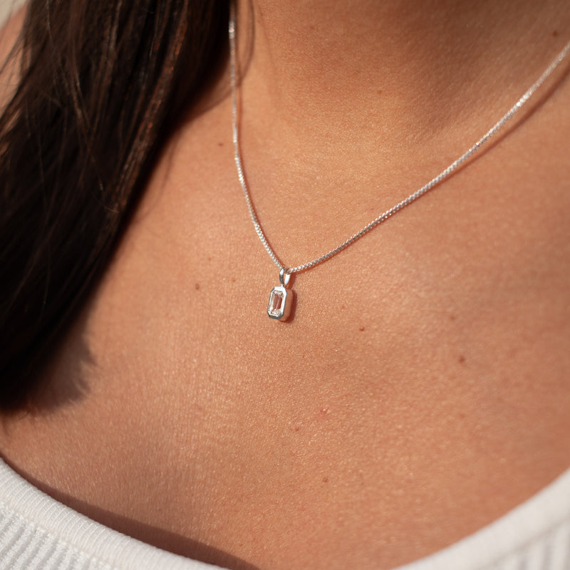 Silver Vertical Octagon White Topaz Necklace