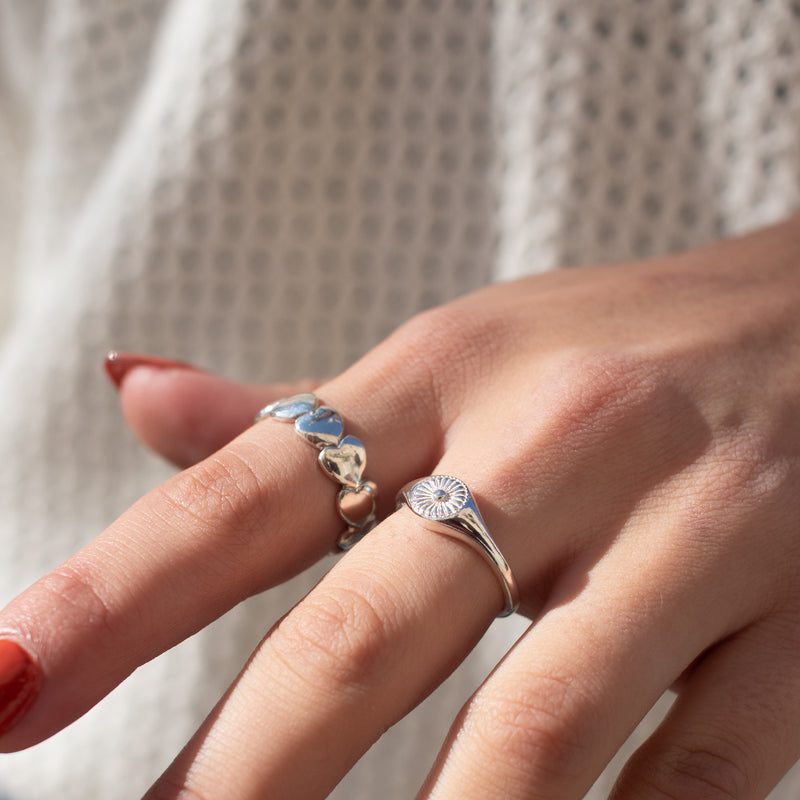 Small Silver Stamped Flower Signet Ring