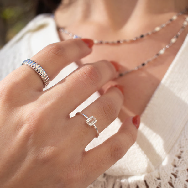 Silver Emerald Cut White Topaz Ring