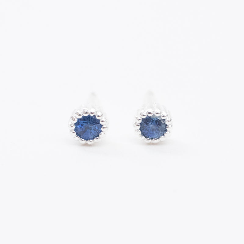 Tiny Silver Milgrain Blue Sapphire Studs