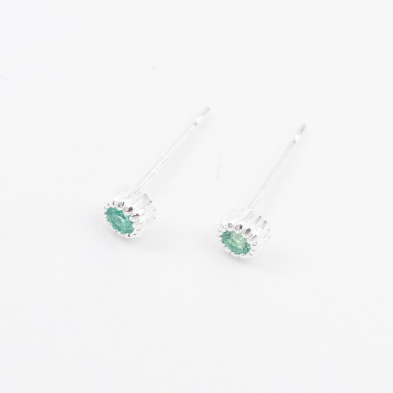 Tiny Silver Milgrain Emerald Studs