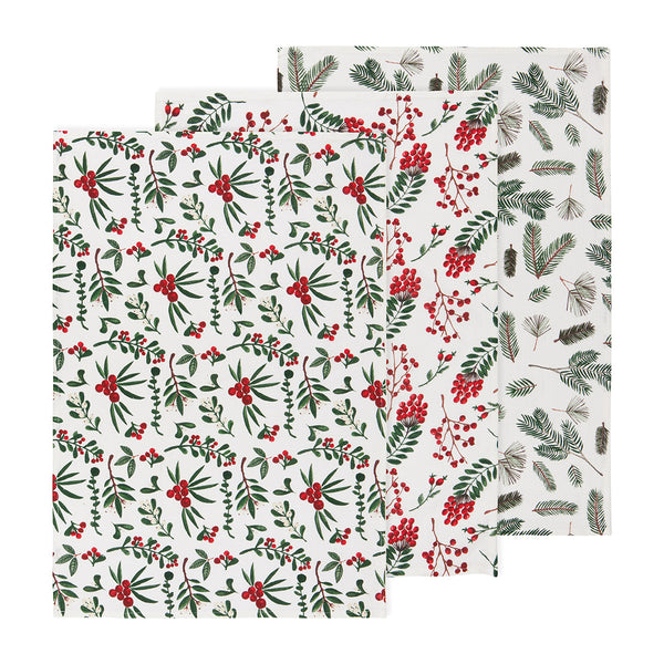 Winterberry Baker's Floursack Christmas Dishtowels - Set of 3