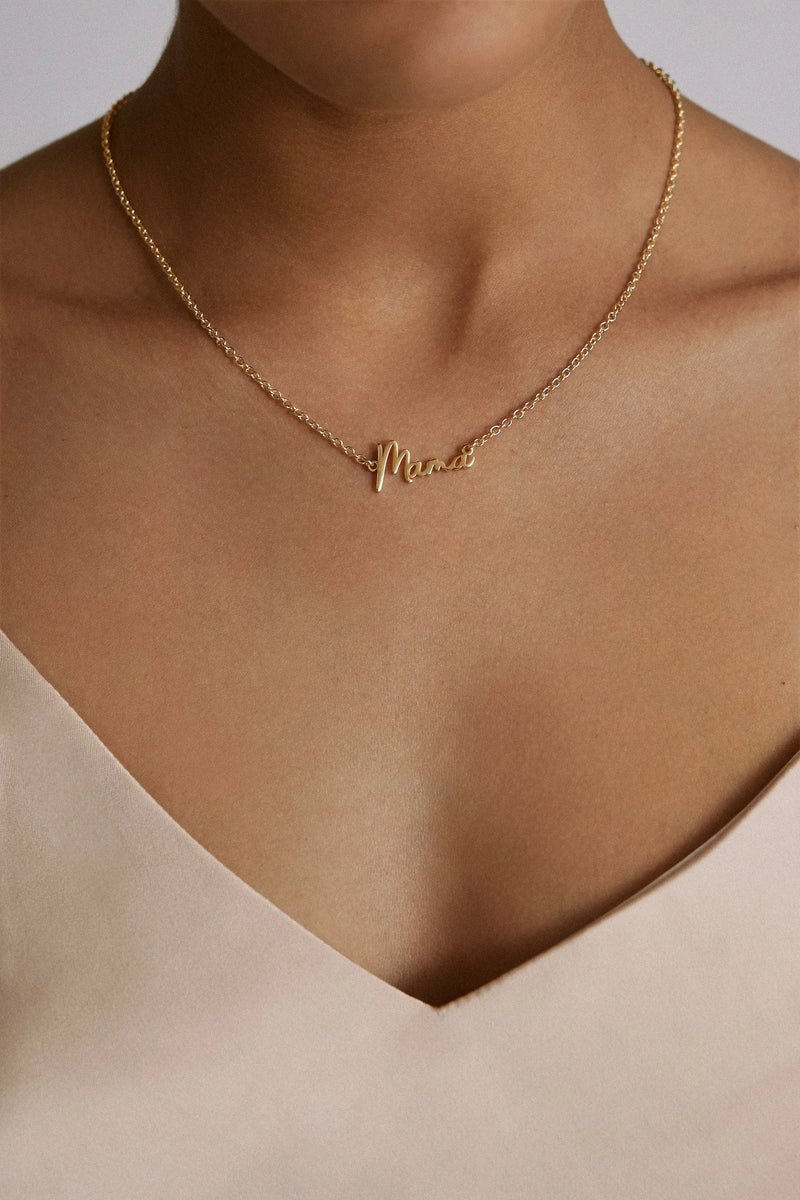 Rhodium Plated Dainty Script Mama Necklace