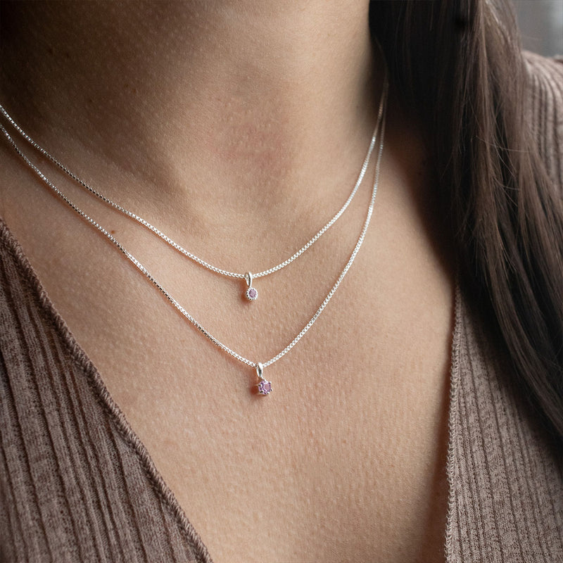Silver Tiny Milgrain Edge Pink Sapphire Necklace