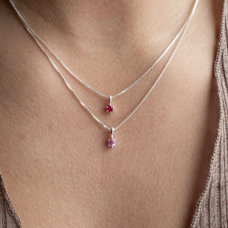 Sterling Silver Oval Claw Set Pink Sapphire Necklace