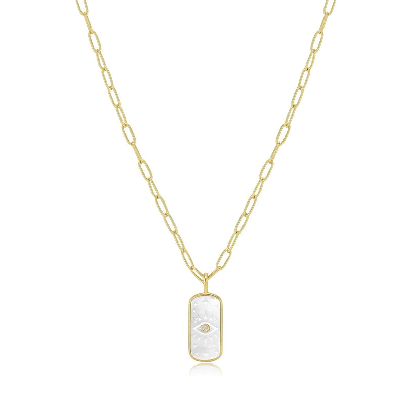 Gold Plated Mother of Pearl Evil Eye Paperclip Necklace