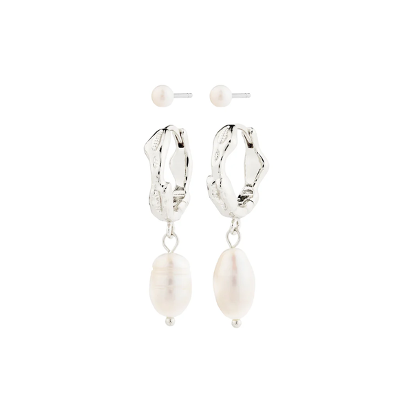 Jonne Silver Plated Pearl Hoops & Stud Earrings Set