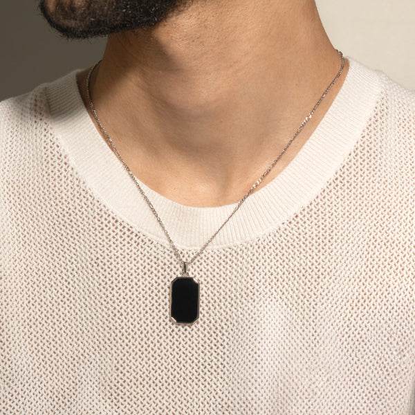 Silver Black Onyx Tag Necklace