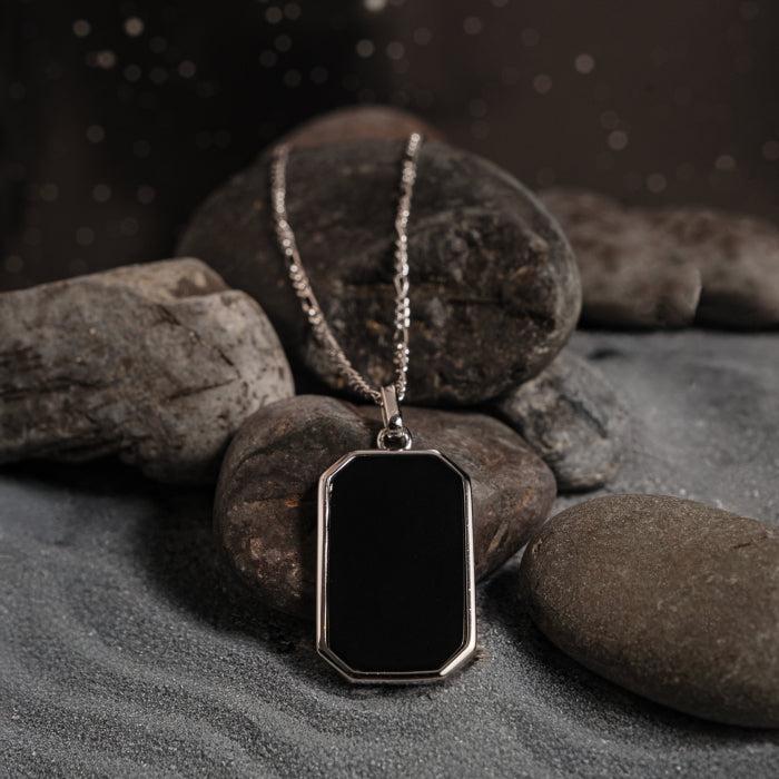 Silver Black Onyx Tag Necklace