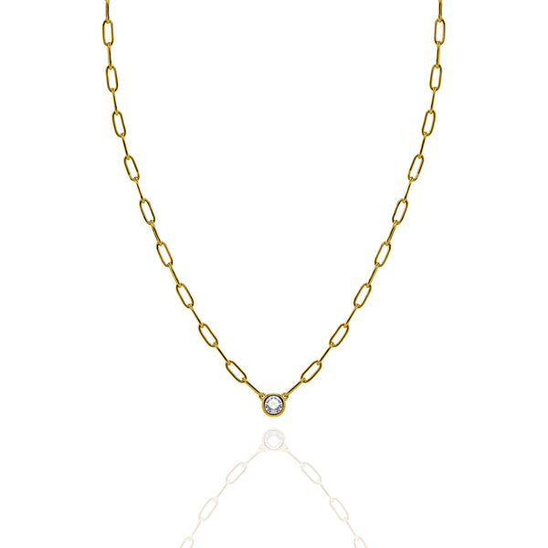 Bezel Set Round CZ Paperclip Necklace