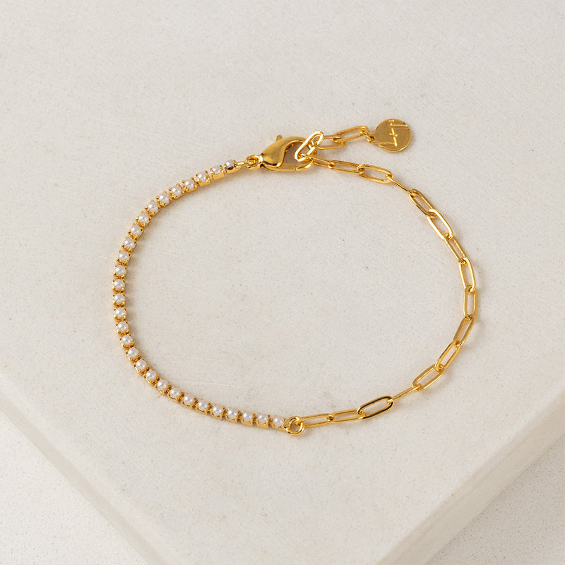 Gold Plated Tennis Pearl Paperclip Bracelet