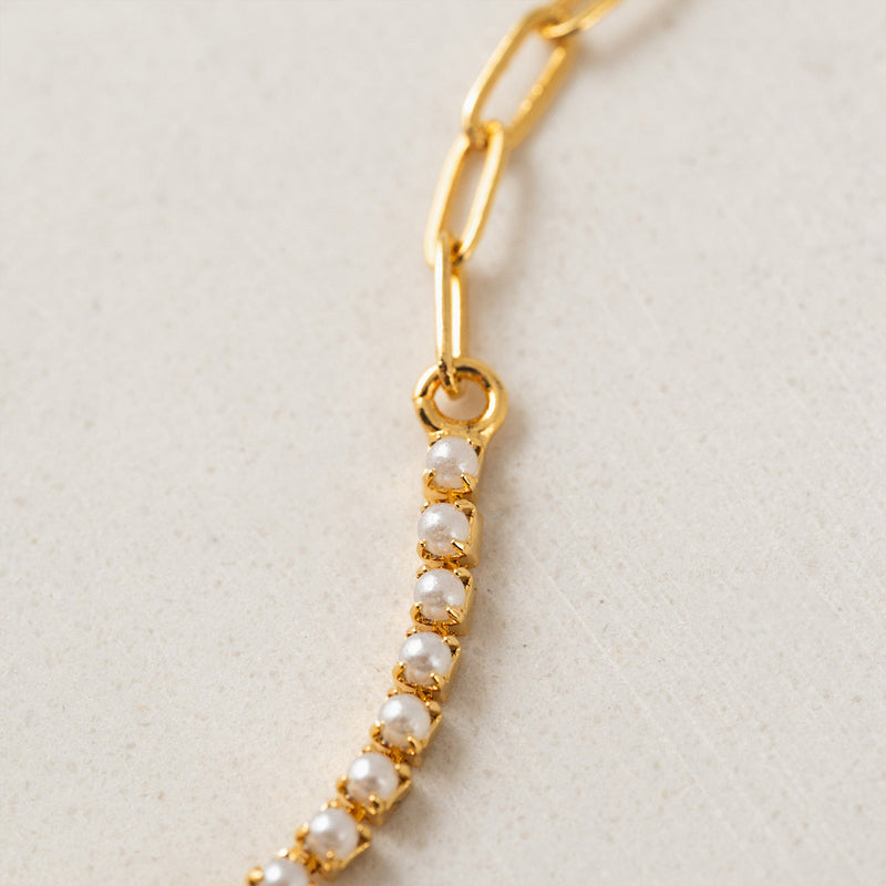 Gold Plated Tennis Pearl Paperclip Bracelet