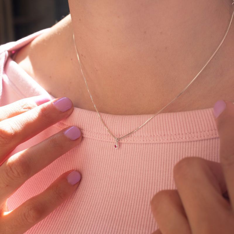 Silver Tiny Milgrain Edge Ruby Necklace