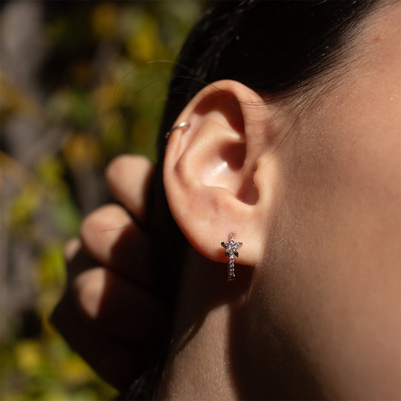 Silver Cosmos Star Huggie Hoop Earrings