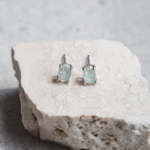 Sterling Silver Oval 4 Prong Opal Studs