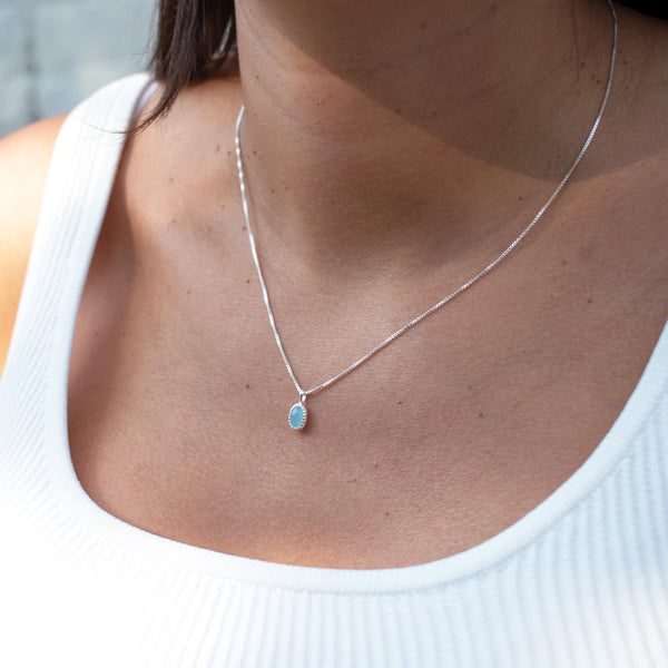 Silver Milgrain Edge Oval Aquamarine Necklace