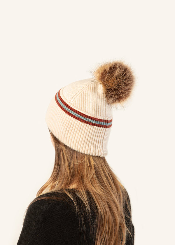 Wide Cuff Stripe Pom Pom Hat