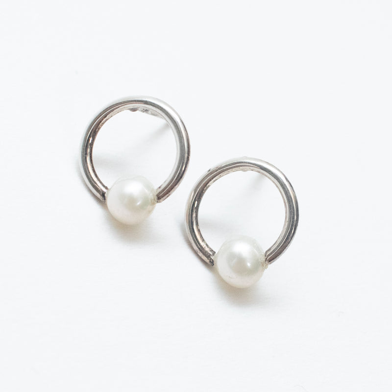 Silver Open Circle Pearl Studs