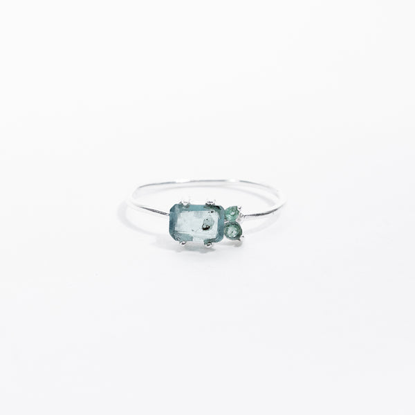 Silver Chalcedony and Blue Tourmaline Faceted Square Ring