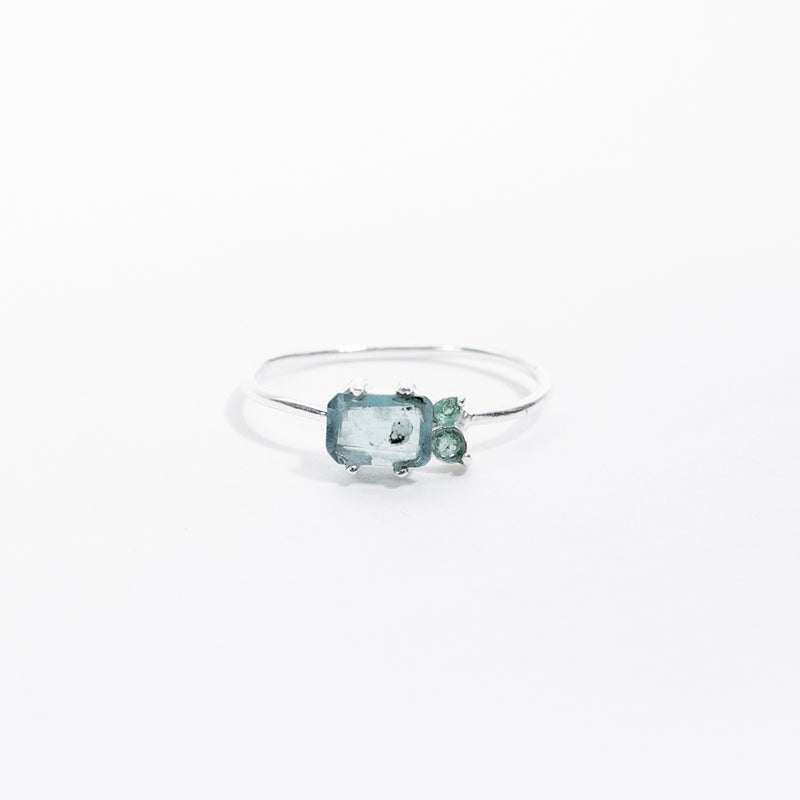 Silver Chalcedony and Blue Tourmaline Faceted Square Ring