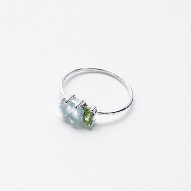 Silver Chalcedony and Peridot Faceted Square Ring