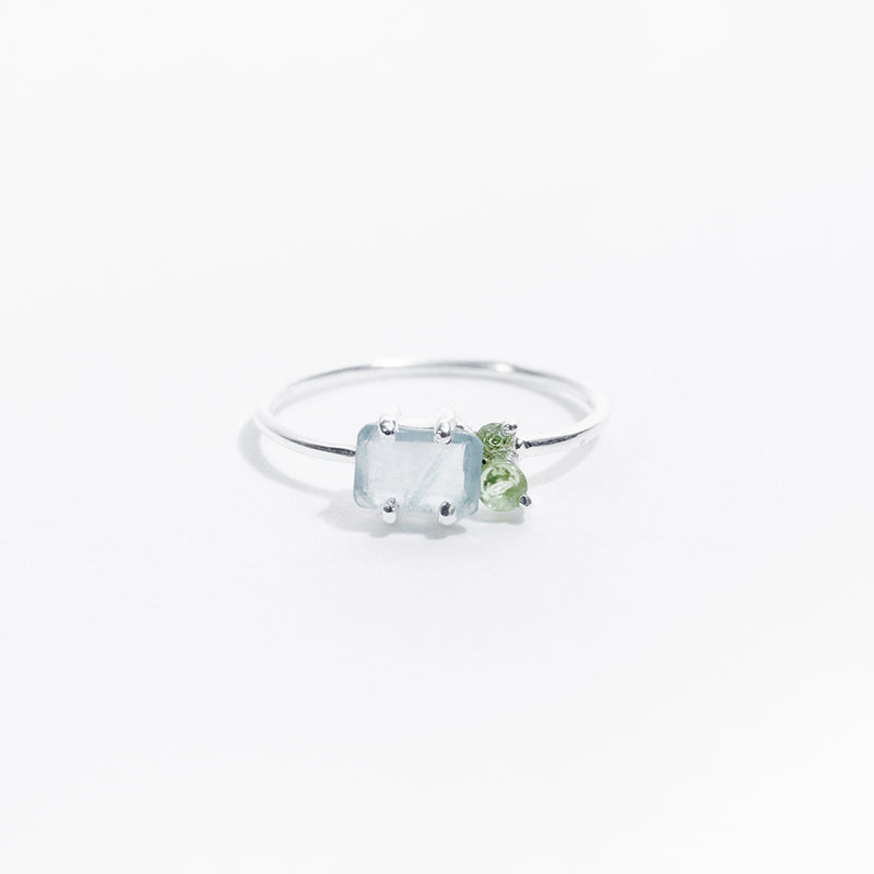 Silver Chalcedony and Peridot Faceted Square Ring