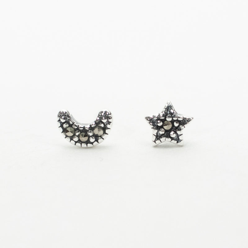 Silver Marcasite Moon & Star Studs