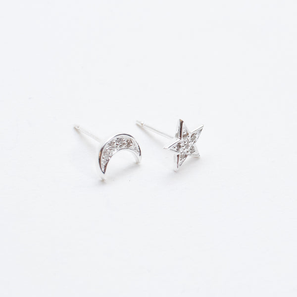 Silver Star and Moon CZ Studs