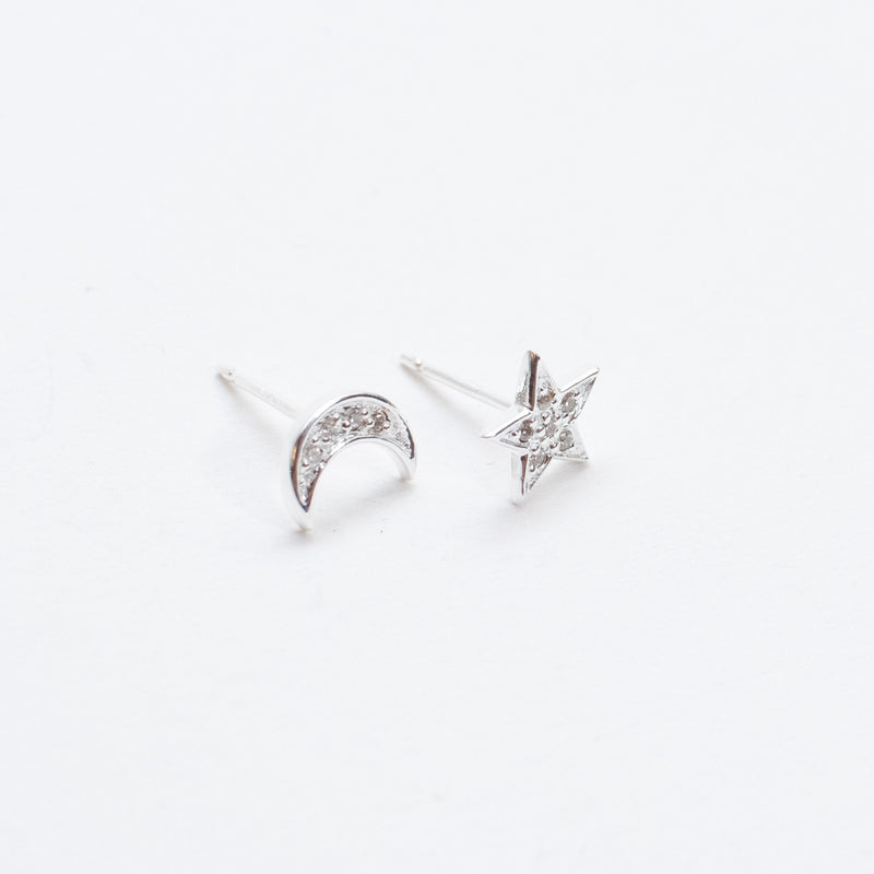 Silver Star and Moon CZ Studs