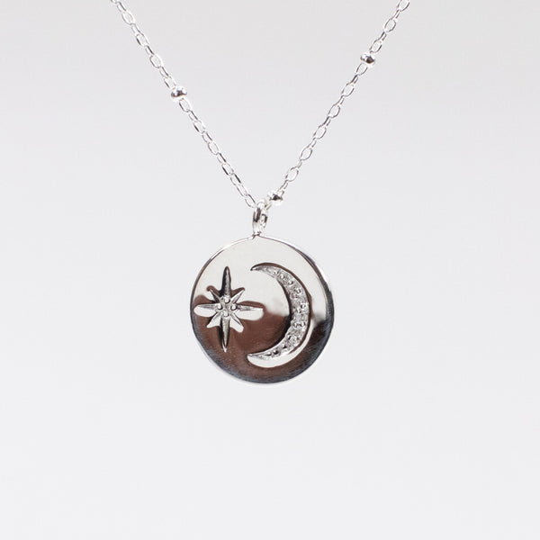 Silver Disc Moon & Star Necklace