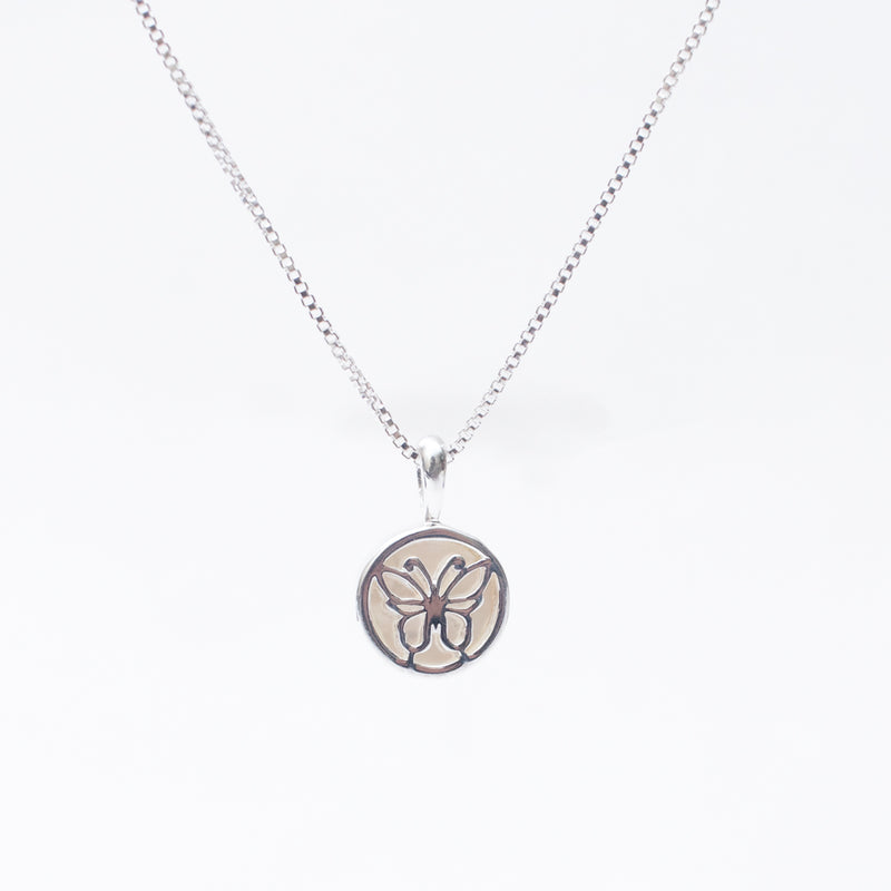 Silver & Mother of Pearl Butterfly Disc Necklace
