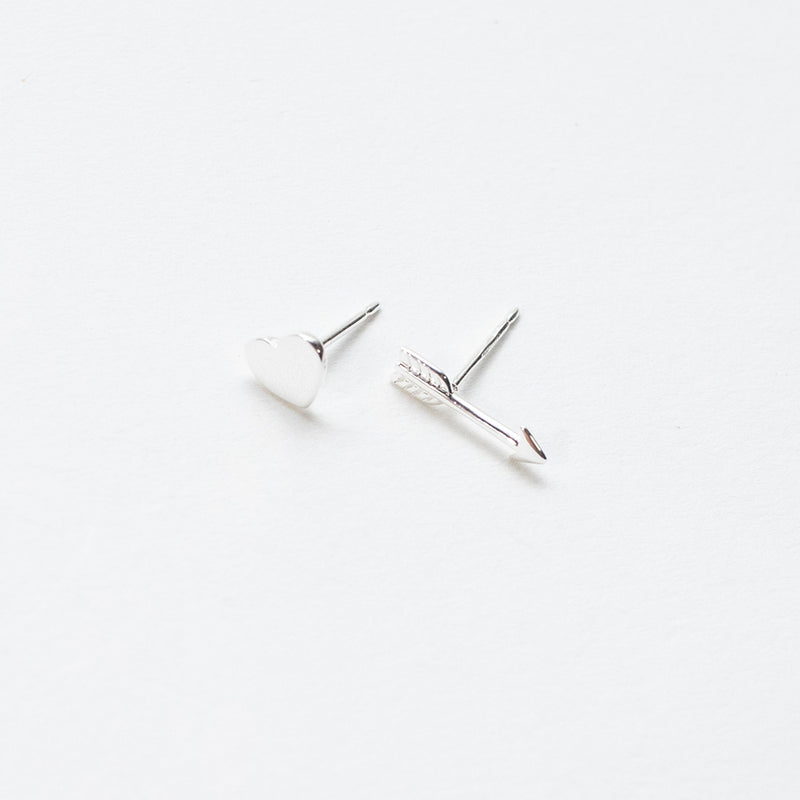 Silver Flat Heart And Arrow Studs