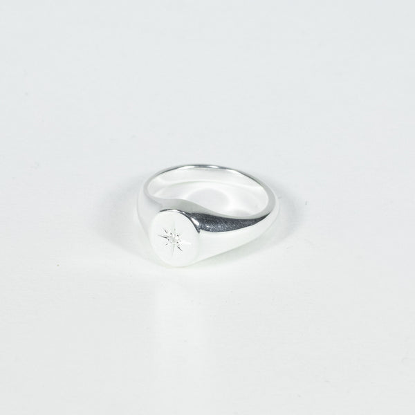 Star Set Signet Silver Ring with White Sapphire