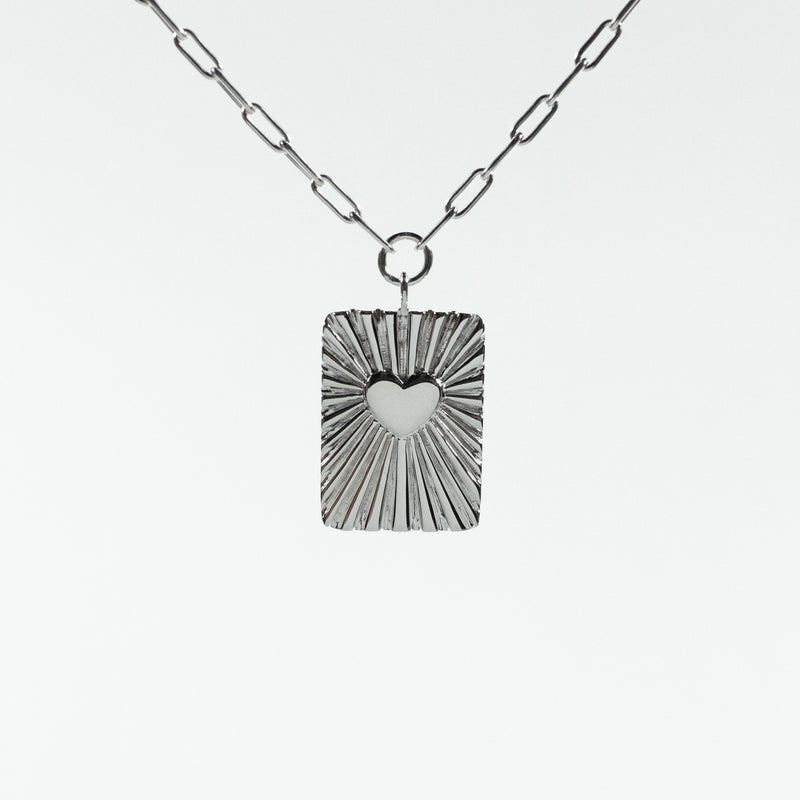 Silver Heart Rays Tablet Necklace