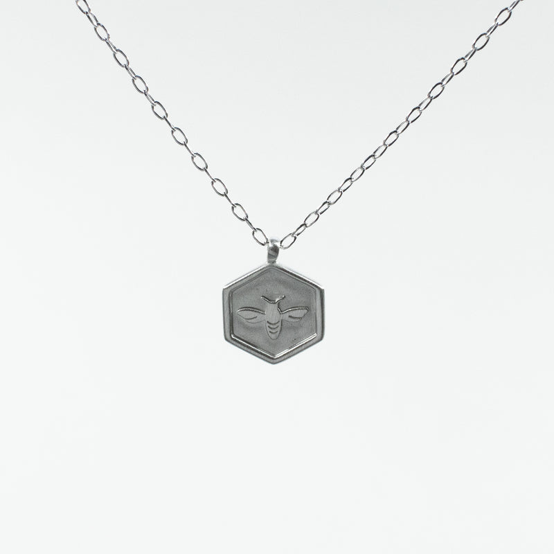 Brushed Silver Hexagon Shaped Honeybee Necklace