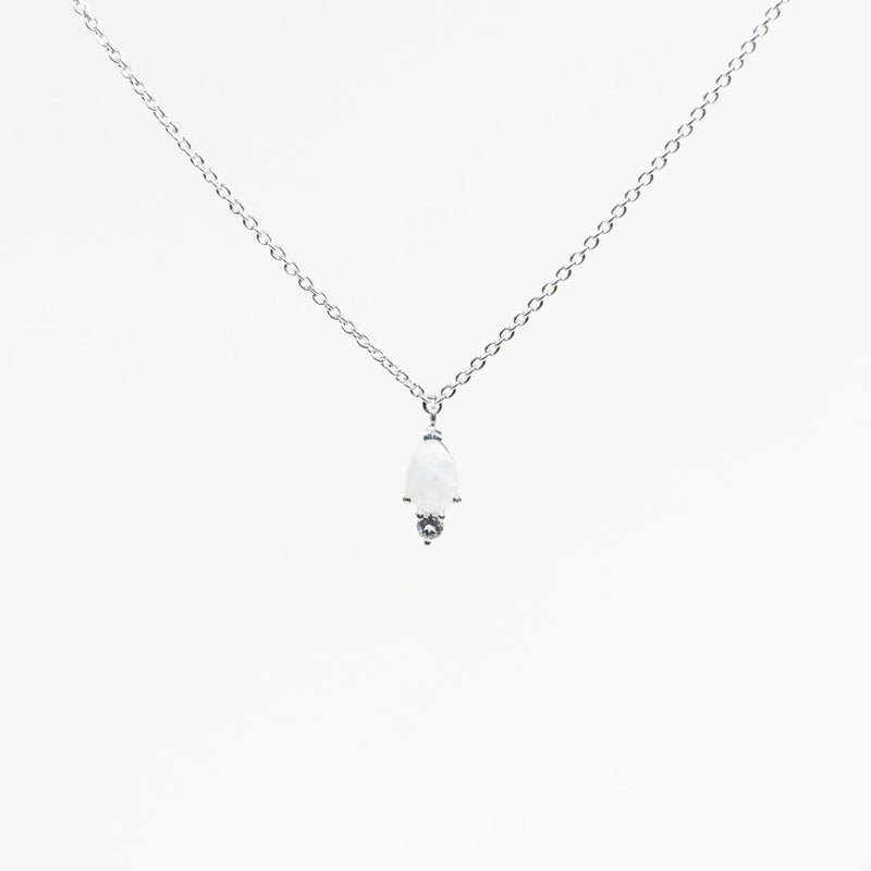 Silver Teardrop Shaped Moonstone & CZ Necklace
