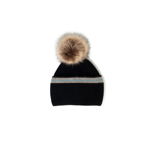 Wide Cuff Stripe Pom Pom Hat