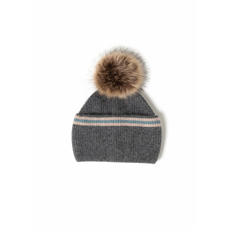 Wide Cuff Stripe Pom Pom Hat