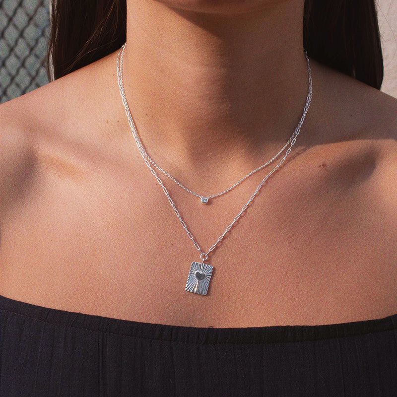 Silver Heart Rays Tablet Necklace