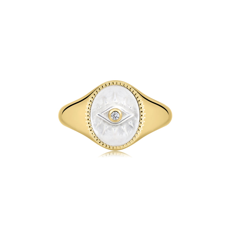 Gold Vermeil Mother of Pearl Evil Eye Signet Ring