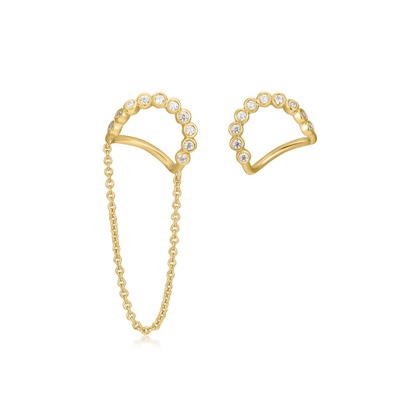 Gold Plated Wavy CZ Earrings with Chain Link Drop