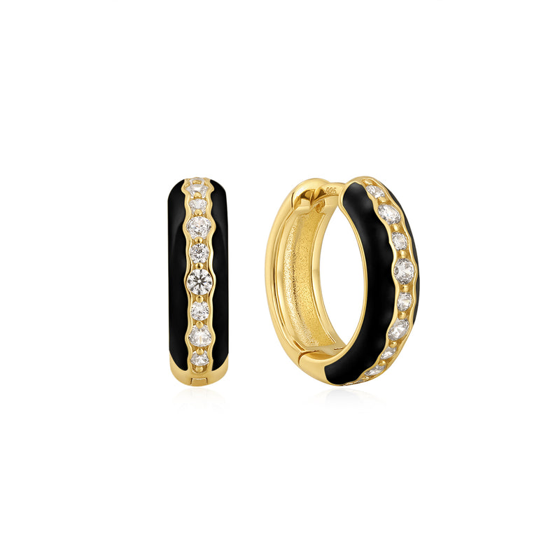 Gold Plated Black Enamel & CZ Channel Hoops