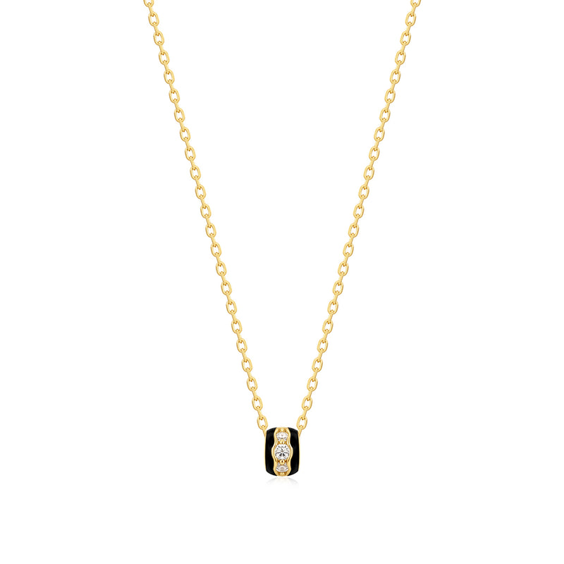 Gold Plated Black Enamel & CZ Channel Rondelle Necklace