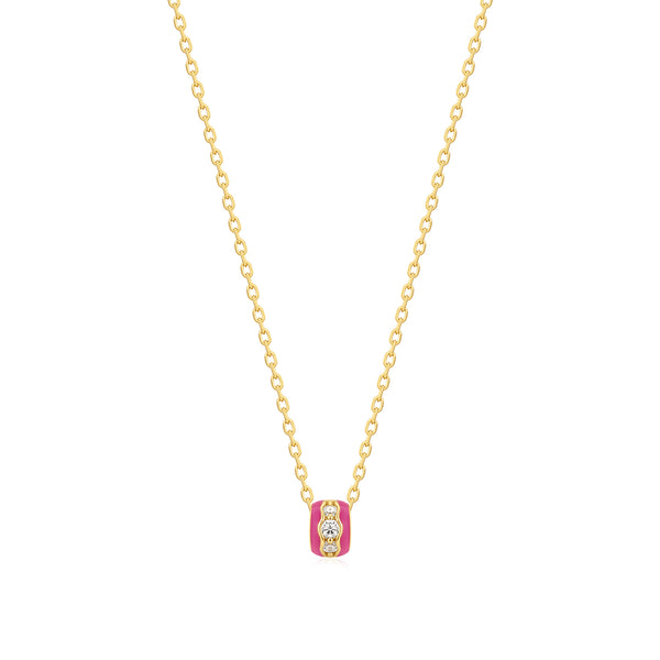 Gold Plated Pink Enamel & CZ Channel Rondelle Necklace