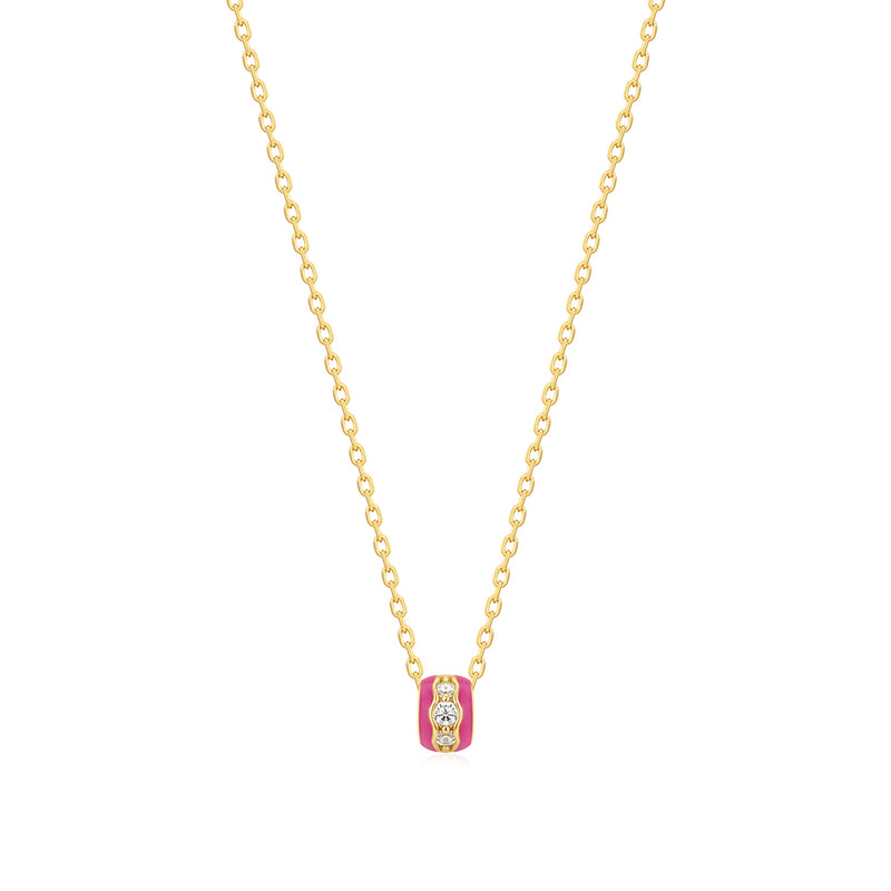 Gold Plated Pink Enamel & CZ Channel Rondelle Necklace