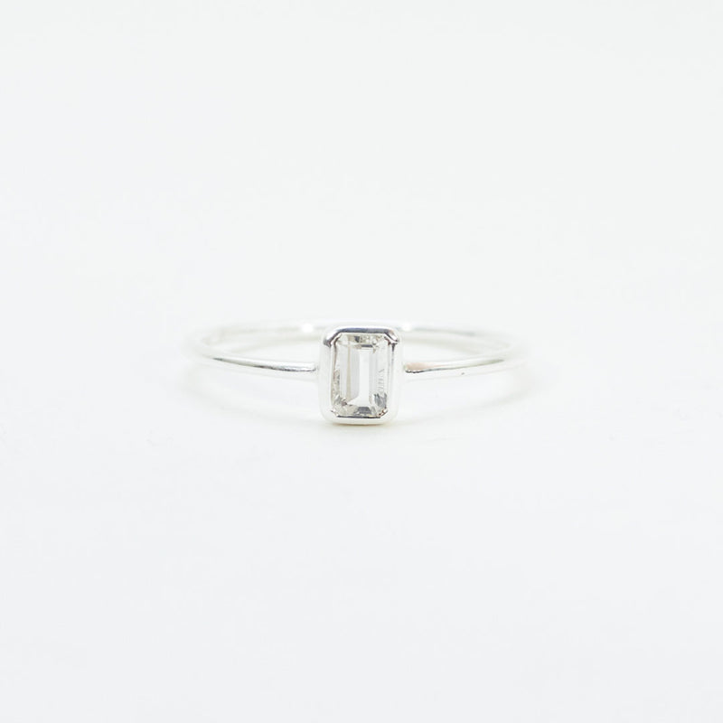 Silver Emerald Cut White Topaz Ring